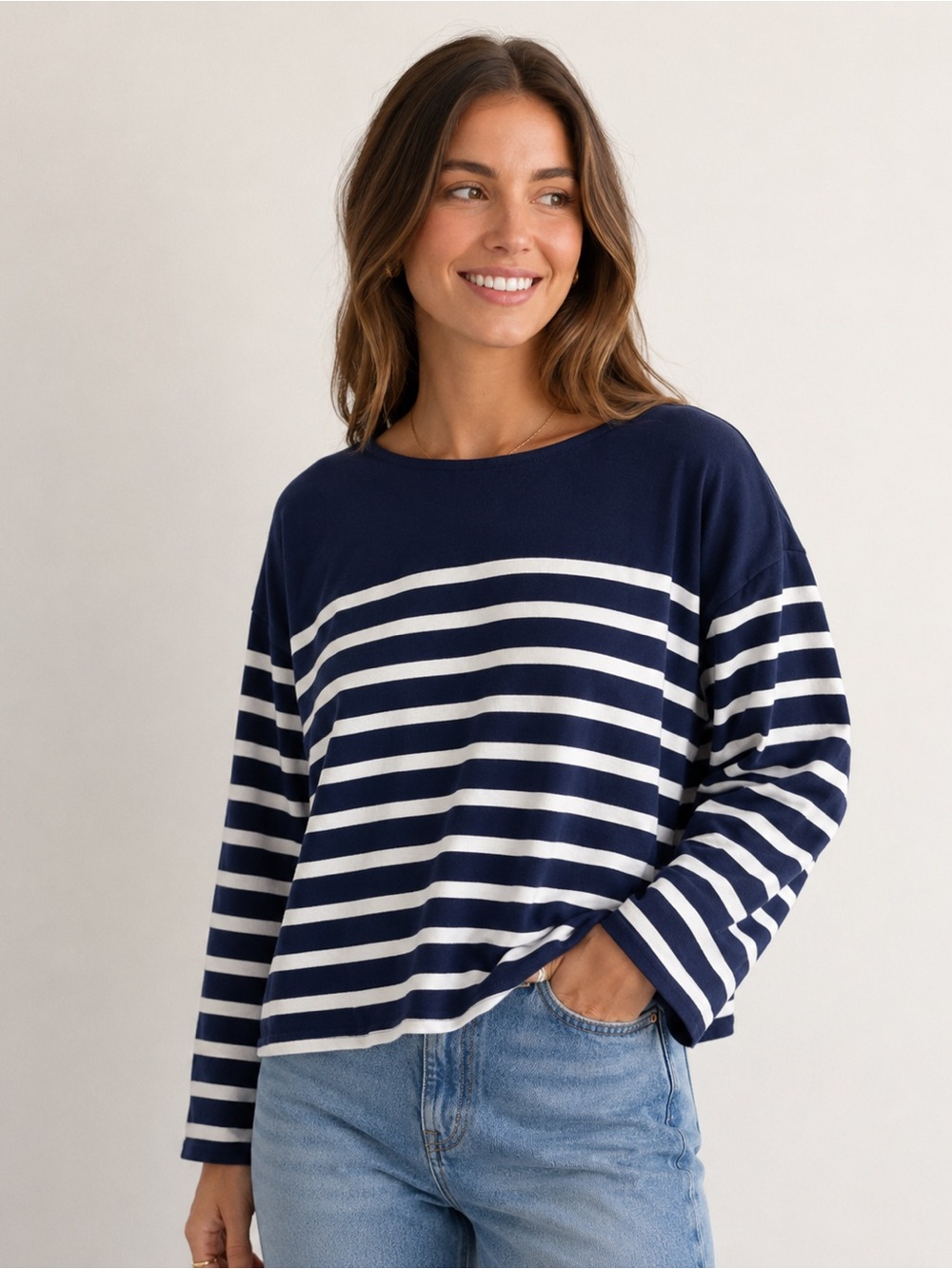 J Crew Women’s 2XL Long Sleeve‎ Shirt Boat Neck Nautical Navy White Stripe Tie